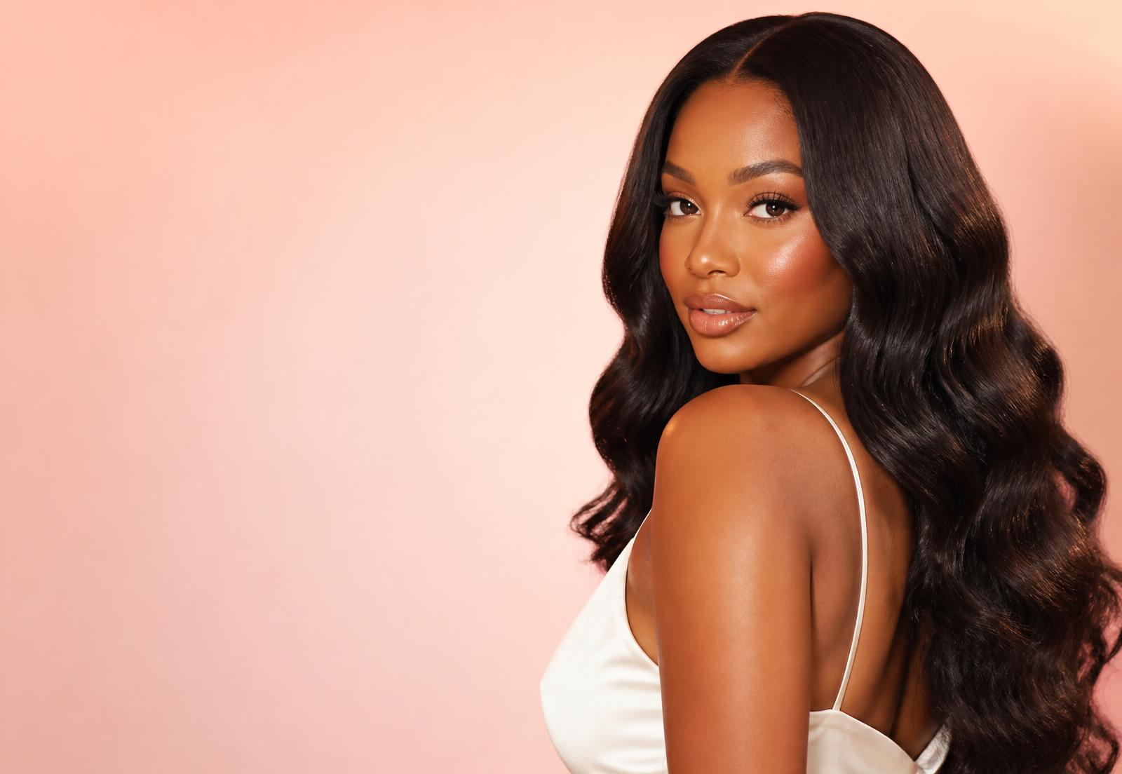 Model wearing a Belle Hair body wave lace front wig